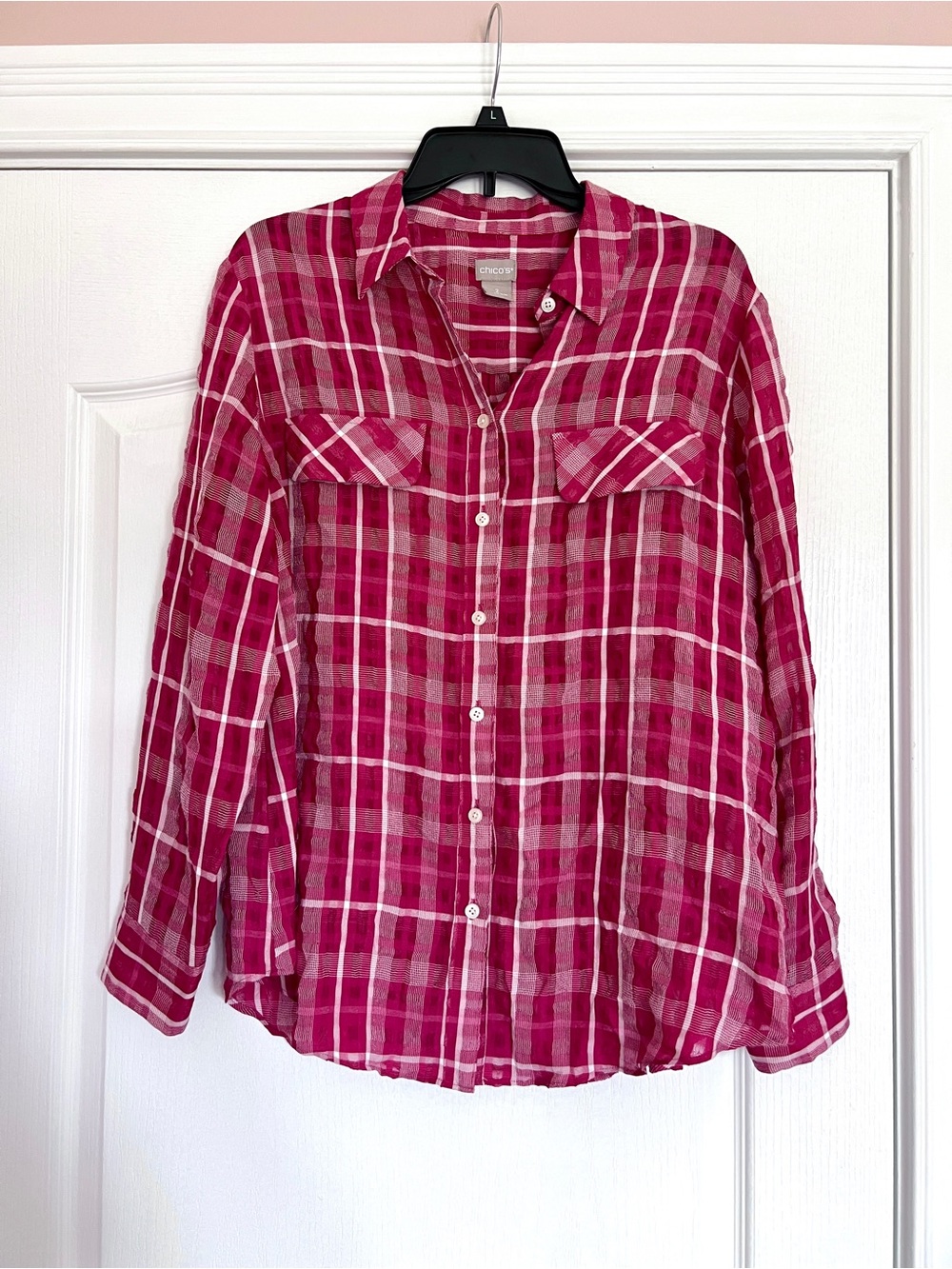 Chico’s Pink Plaid Button-Up Sheer Shirt
